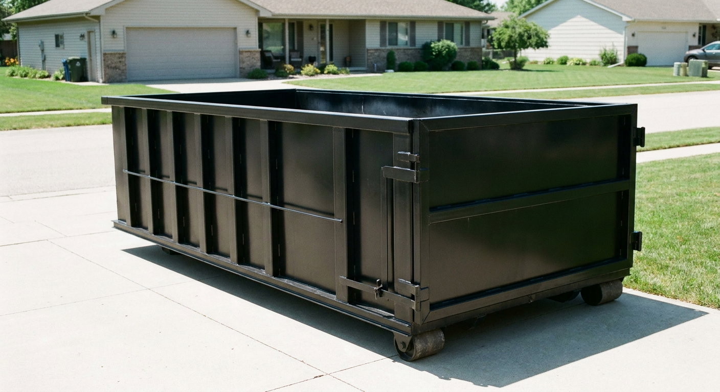 Matte-black 10-yard roll-off dumpster on a residential concrete driveway in Kansas City, uniformly painted matte black across every panel and rail, ribbed steel sidewalls and rear swing door visible, mid-day daylight.
