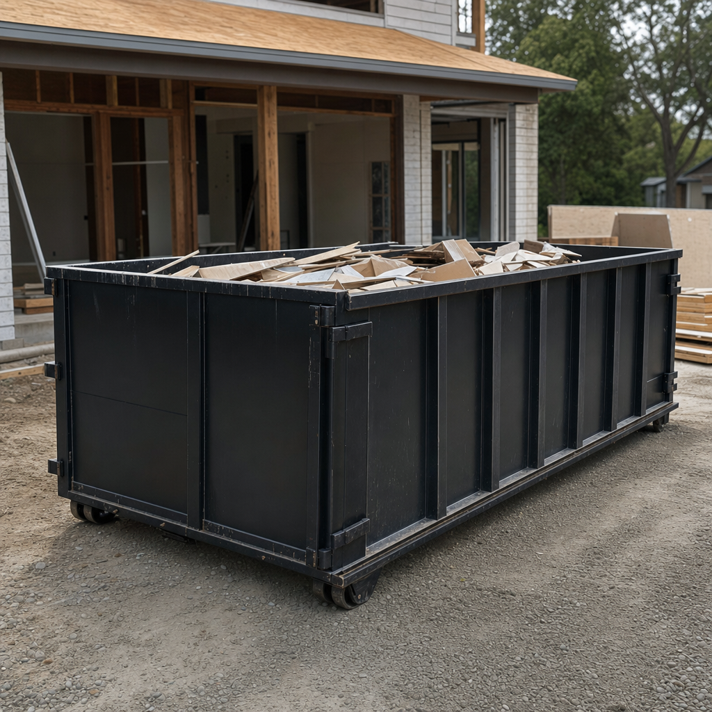 Large matte-black 30-yard construction roll-off dumpster at an active Kansas City jobsite, steel-gray top rails and bottom rollers visible, loaded with construction debris.