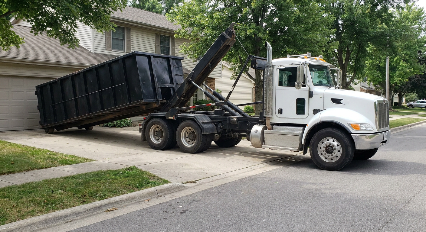 White-cab hooklift roll-off truck actively lowering a matte-black dumpster onto a Kansas City residential concrete driveway, the dumpster's rear wheels touching the driveway as the hoist arm tilts the bed forward, mid-morning daylight.