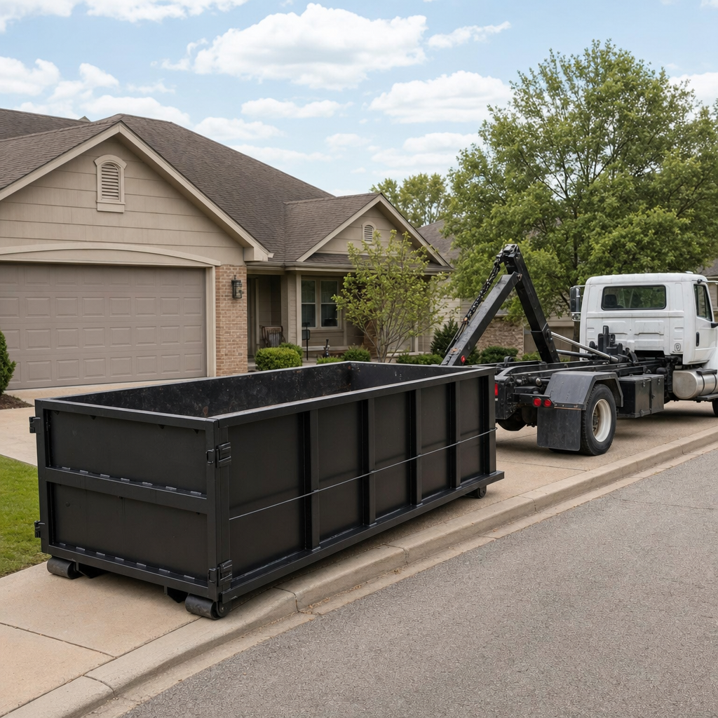 Wide documentary shot of a matte-black roll-off dumpster on a Kansas City residential driveway in the foreground and a contractor jobsite container in the soft-focus background, bright daylight, calm and orderly composition.